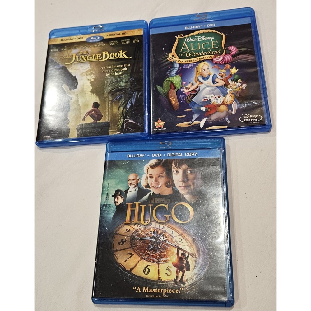 Blu-ray DVD Lot Disney Jungle Book Alice‎ in Wonderland Hugo 3 Movie Bundle